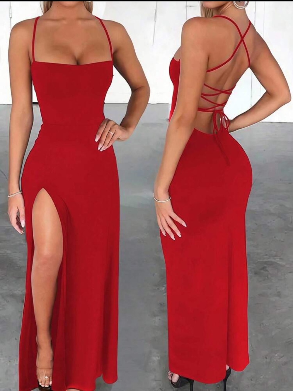 Red Lace-Up Strappy Maxi Dress